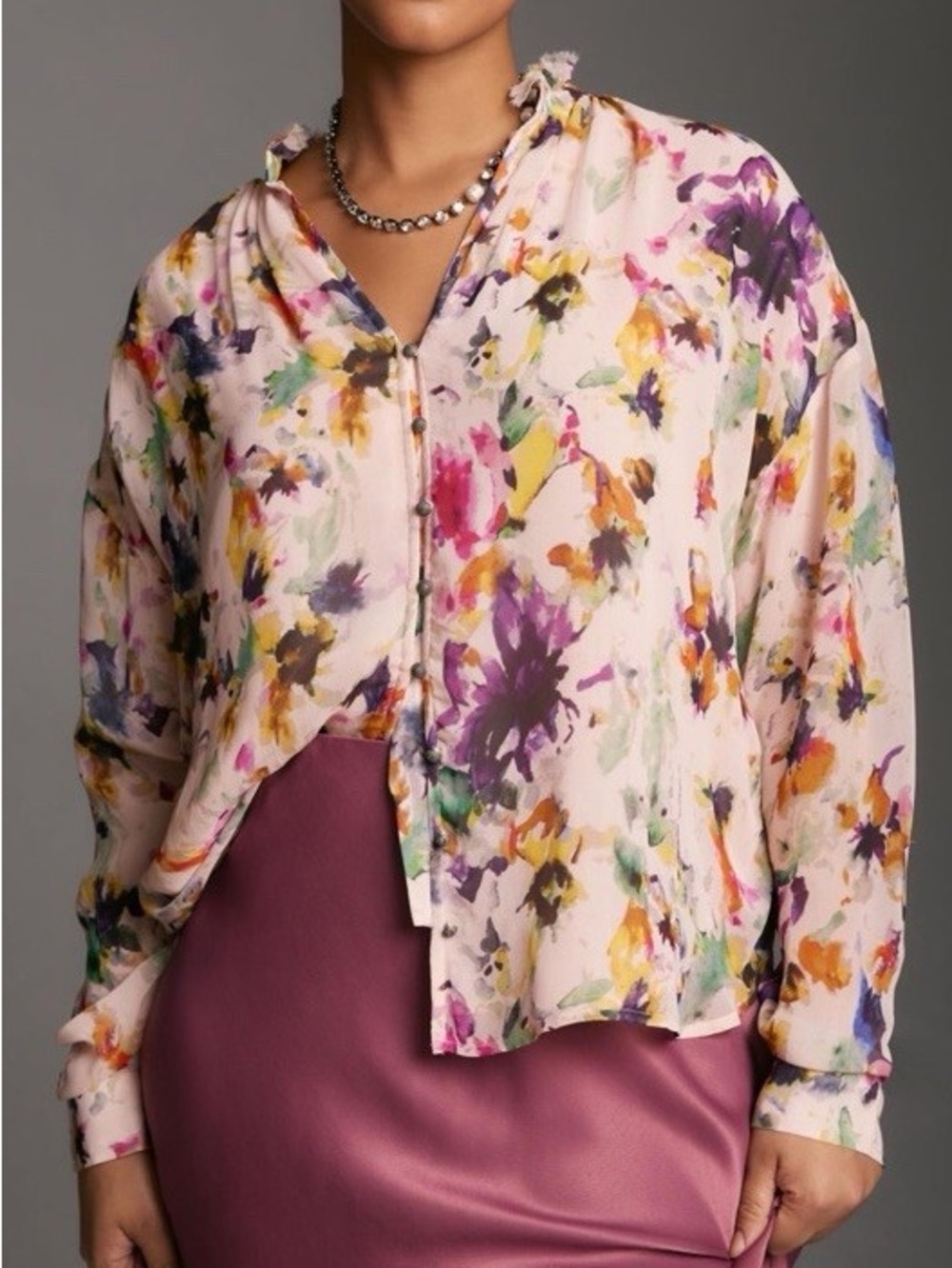 Pilcro Tavi Floral Watercolor Button-Front Blouse in Pink